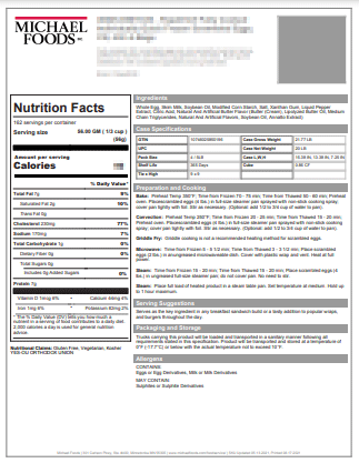 Abbotsford Farms® American Humane Certified Cage Free Frozen Diced Hard Cooked Egg, Clean Label, 4/5 LB Bag Specsheet PDF